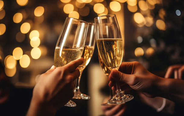 Nahaufnahme von Menschen, die mit weihnachtlichen Champagnergläsern anstoßen